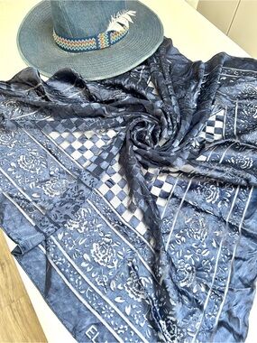 Made in Italy burned out fabric Deep Blue Textured Silk Scarf/ wrap